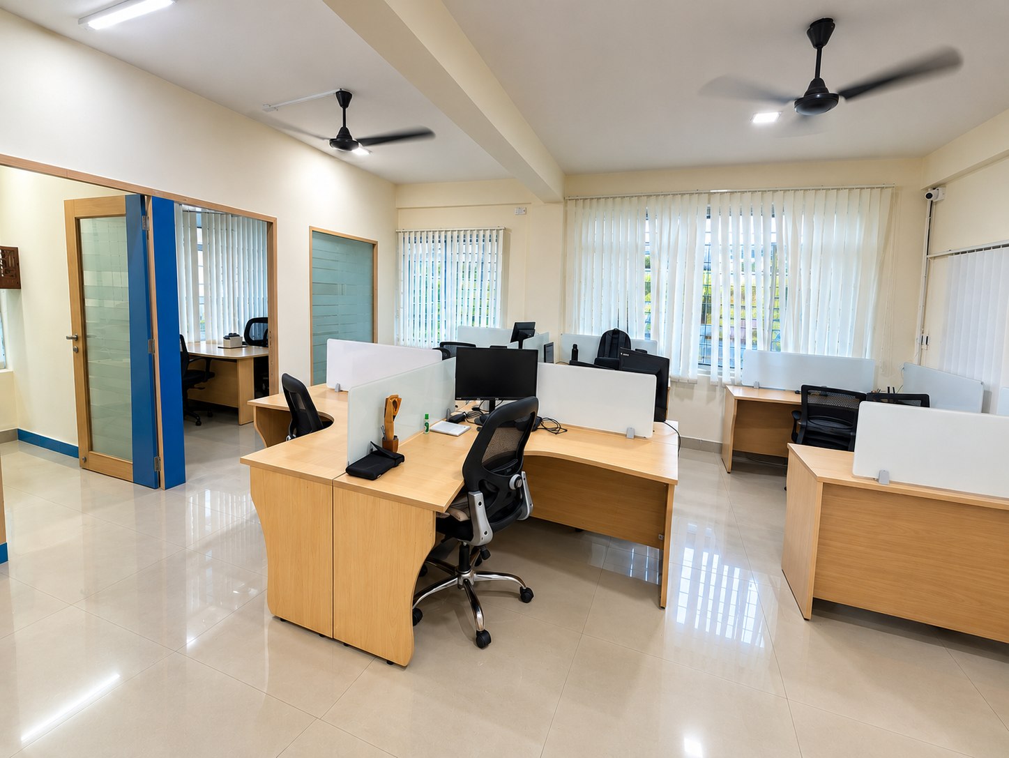 Dedicated workstations in the new Wisdom Square Technologies office.