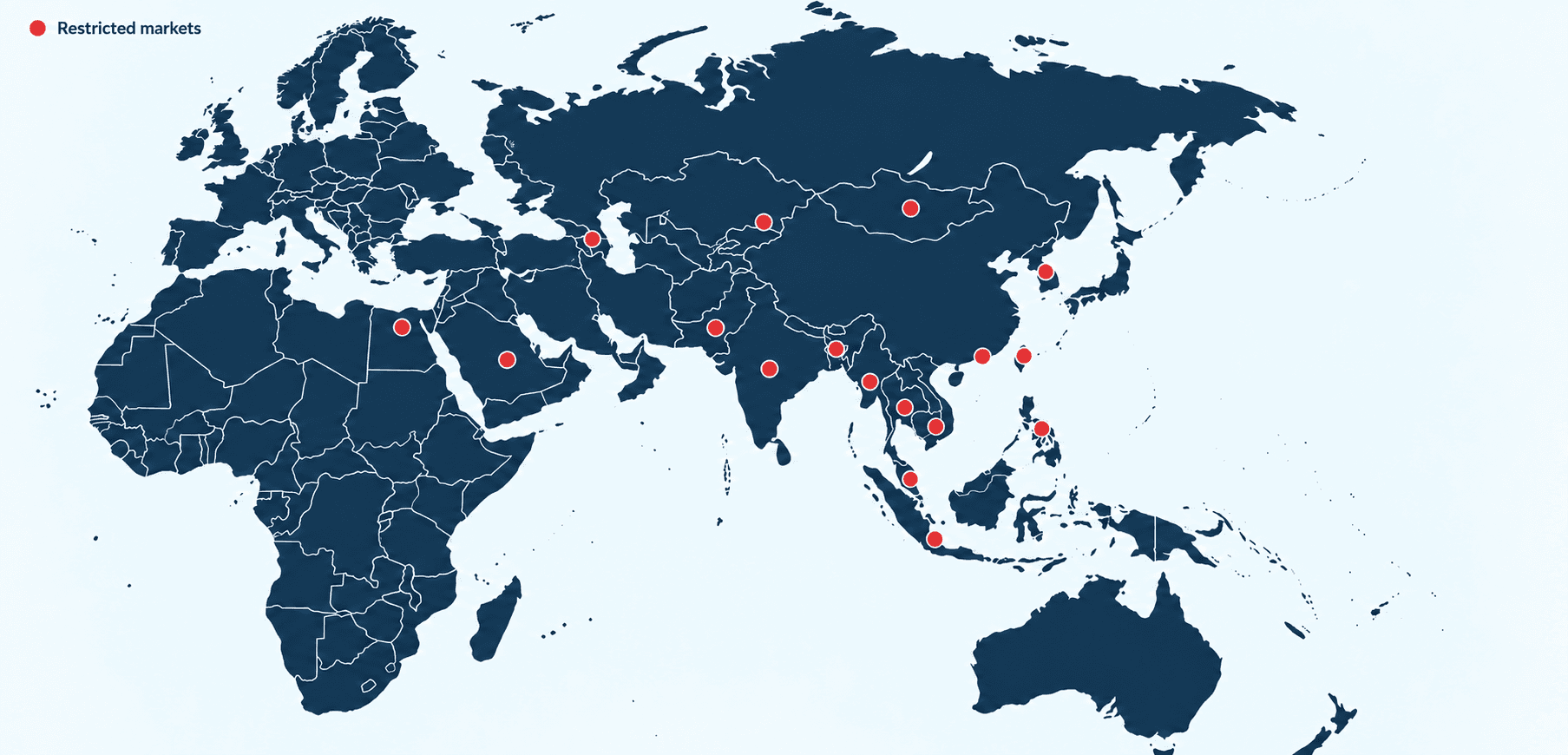 World map highlighting markets where online gambling ads are not supported