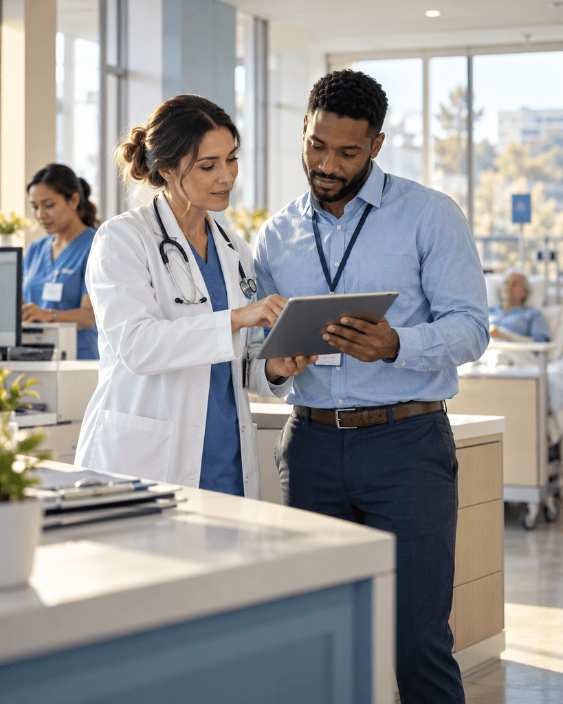 Doctor and hospital colleague reviewing patient information on a tablet at a busy nurses station